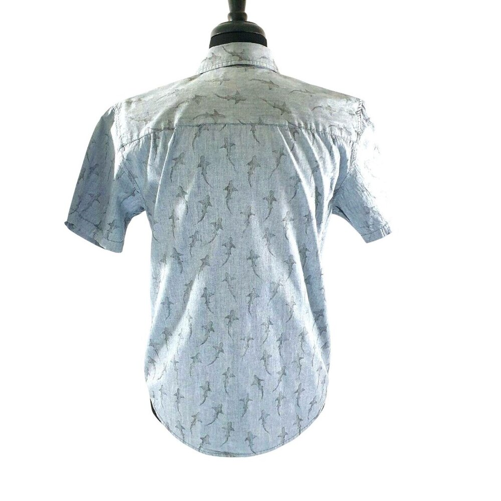 RSQ Collective Mens Medium Short Sleeve Shirt Shark Print Gray Casual Button Up - Picture 5 of 9